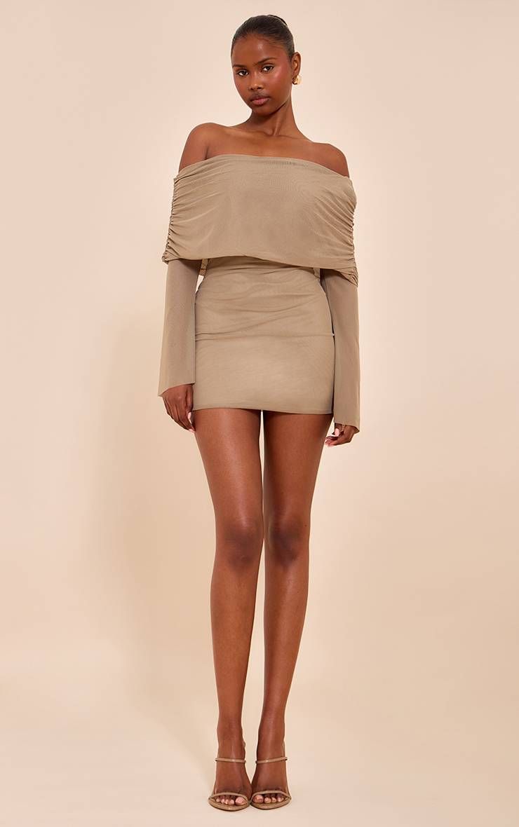 Taupe Robe Courte Moulante En Mesh Doublée À Manches Longues