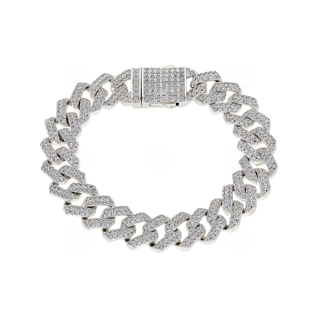 12mm Prong Cuban Link Panzerarmband Weiss vergoldet mit Zirkonia