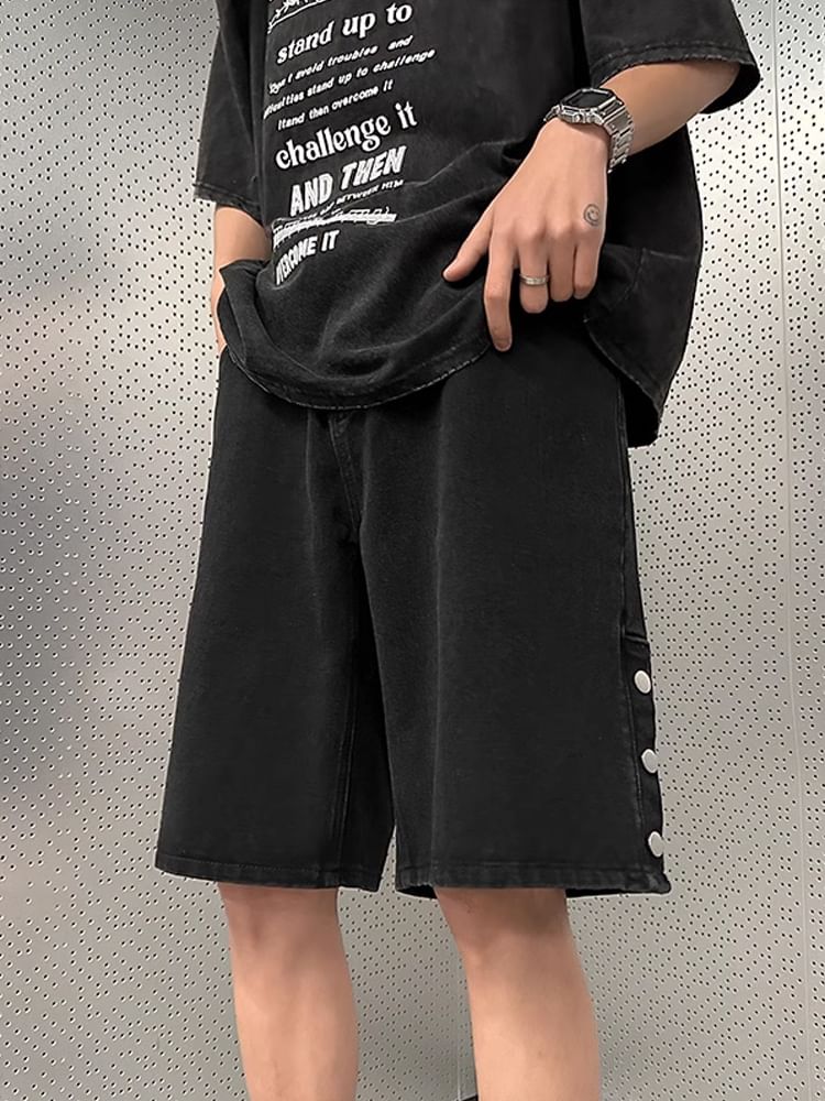 emeisa - Mid Rise Washed Buttoned Wide Leg Denim Shorts
