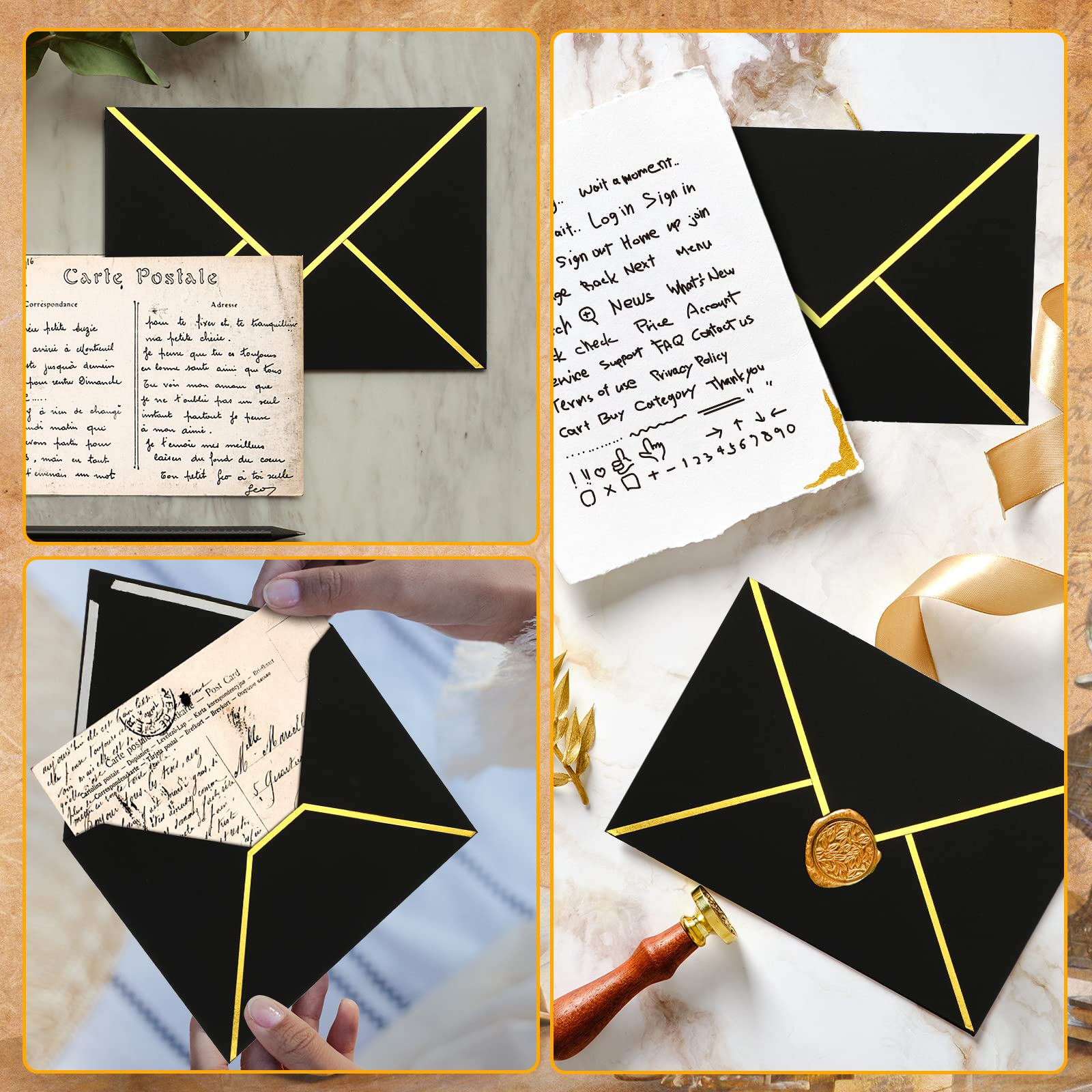 (50er Set) 185x135mm Couverts Elegante Brief Umschläge mit Spitz Façon - Schwarz / Gold