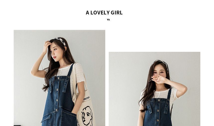 Happo - Gewassen halfknoops midi A-lijn overall denim jurk