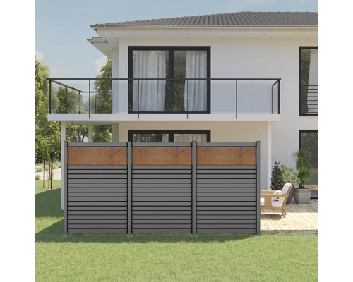 Zelfbouw schuttingpaneelset, aluminium ruit Vidrio glasstroken, Corten-look, 120 x 180 cm, grijs getextureerd