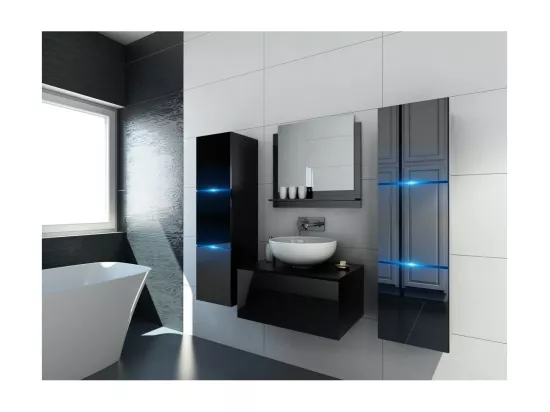 Ensemble meubles de salle de bain noir collection OWL. 2 colonnes, meuble sous vasque, miroir