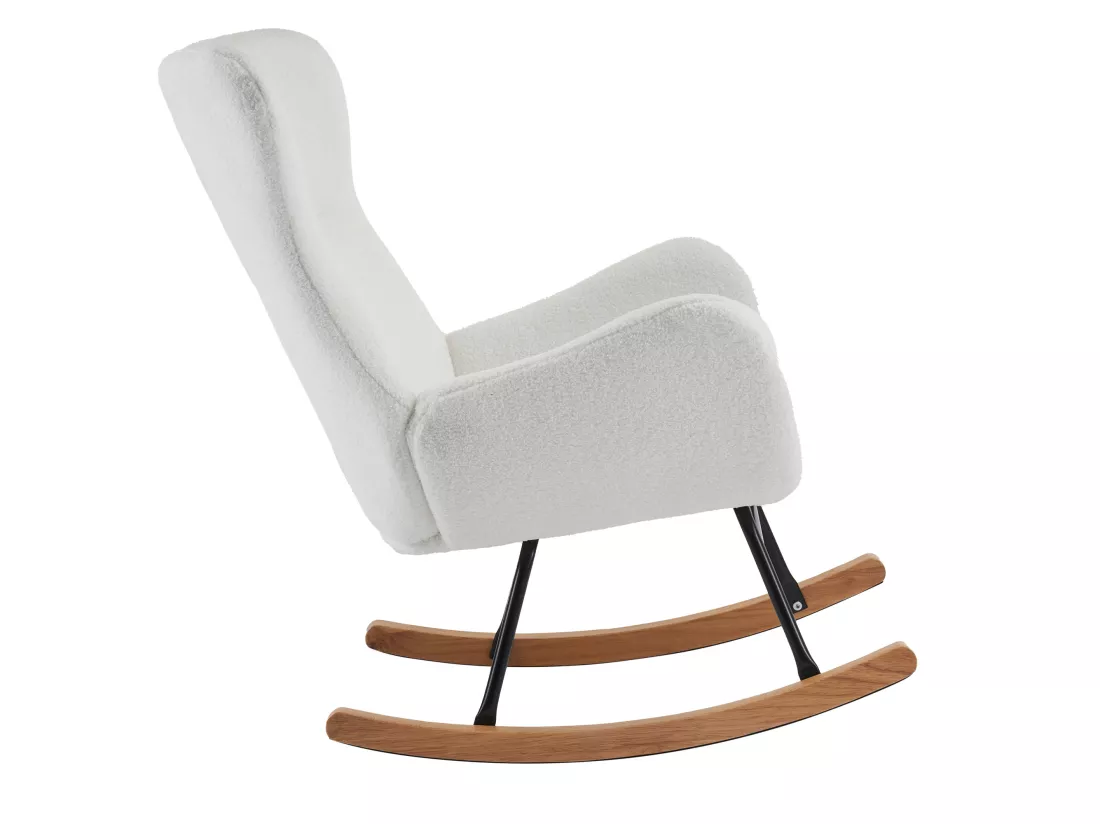 Fauteuil à bascule en tissu bouclette - structure en métal - pieds en bois massif - Blanc