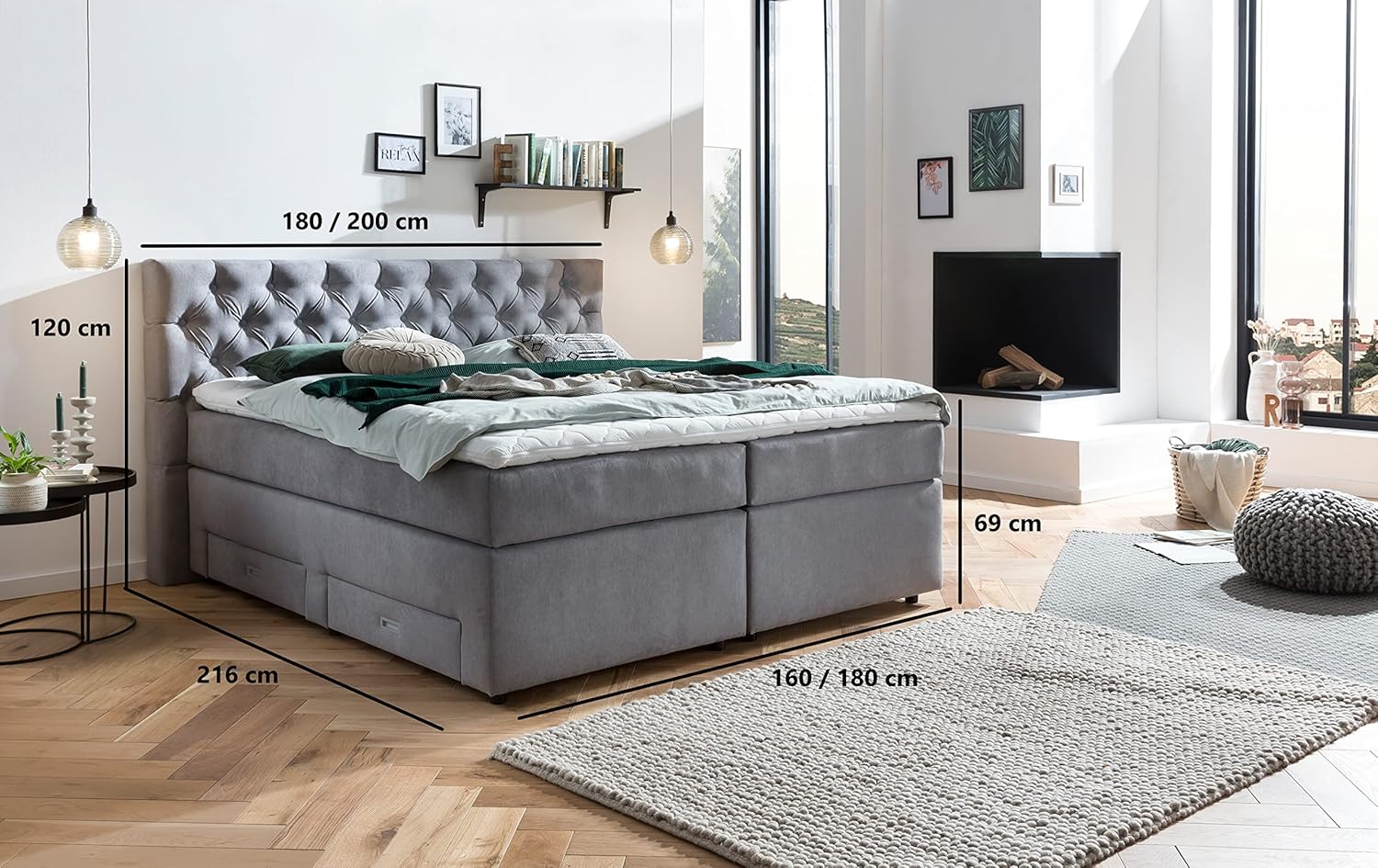 Belanoti Lara Boxspringbett 180x200 mit 4 Schubladen Stauraum Bett 180x200 mit Bettkasten in der Farbe Hellgrau H2 und H3 Chesterfield Kopfteil 7-Zonen Taschenfederkern Matratze inkl. Visco Topper