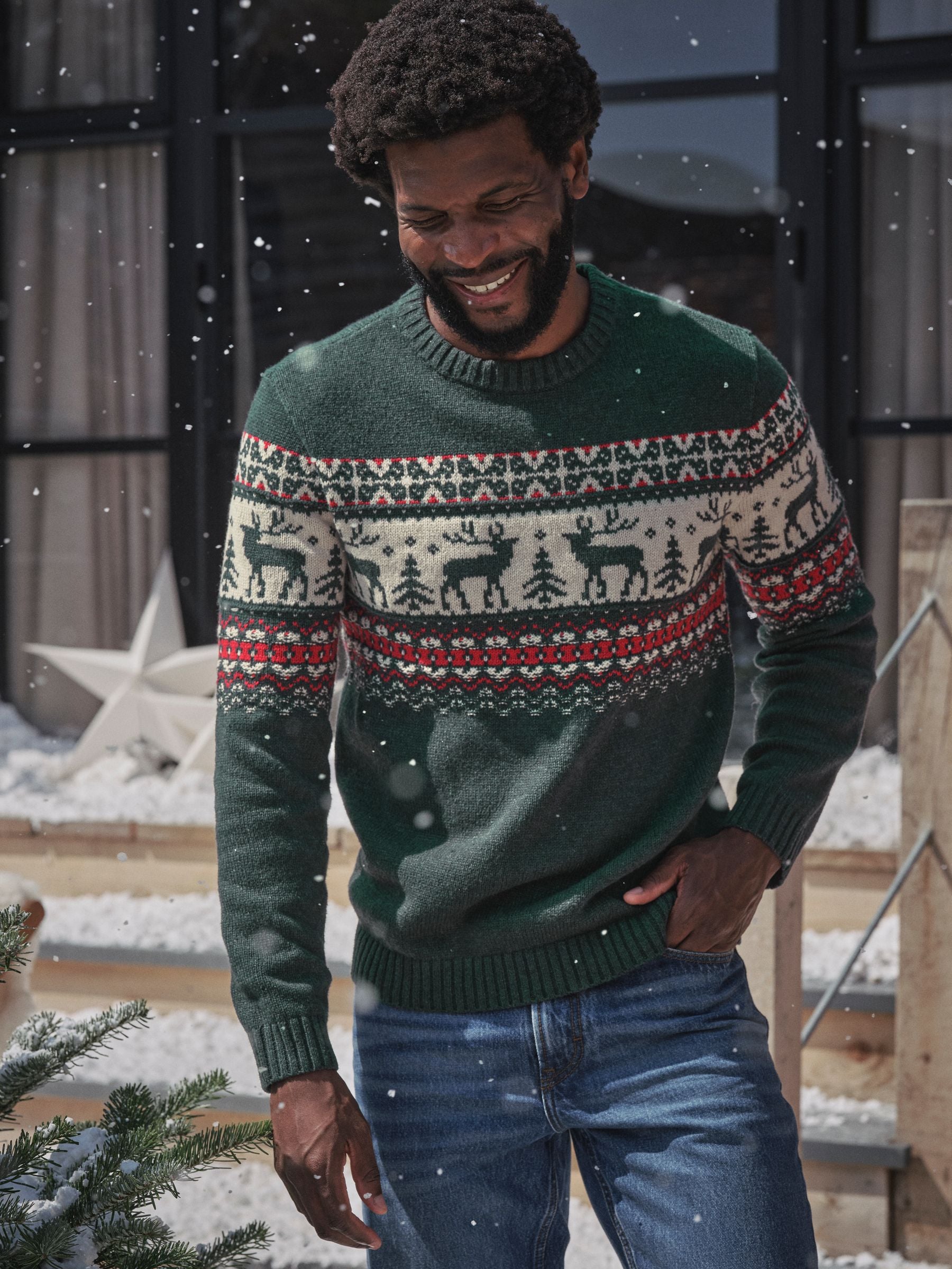 FatFace gebreide trui met rendierprint en Fair Isle-motief