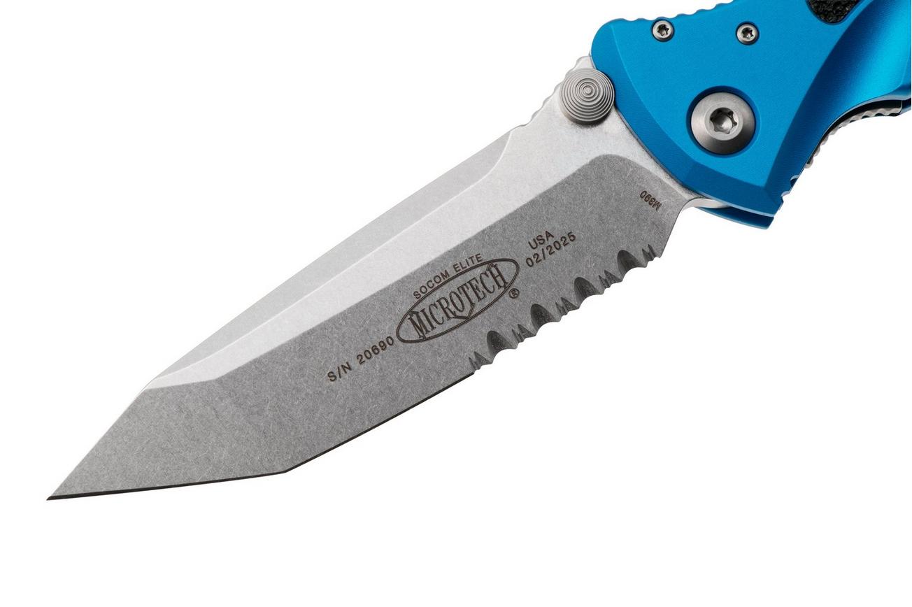 Microtech Socom Elite 161-11BL, Stonewashed M390 Tanto, Blue Aluminum partly serrated zakmes