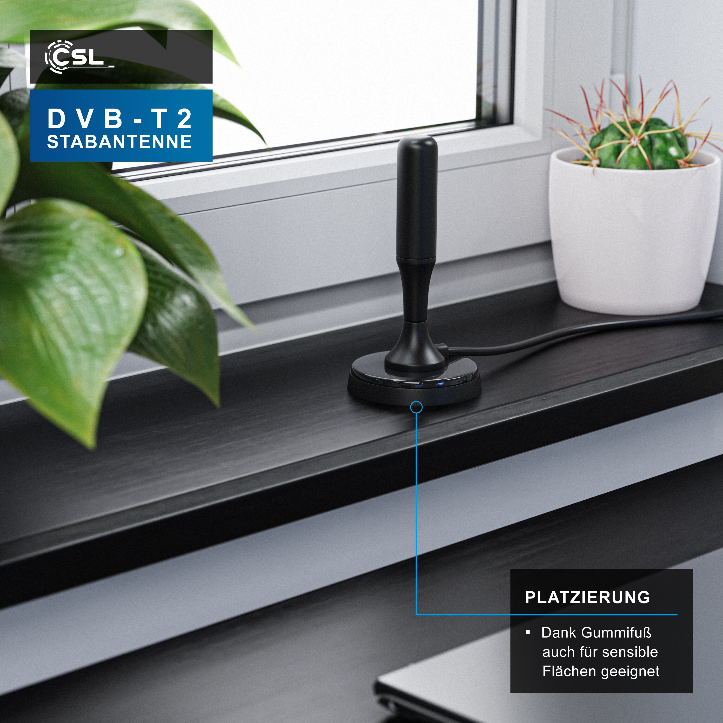 CSL DVB-T, DVB-T2 Stabantenne für Innenbereich, digitale Antenne mit 4m Kabel / inkl. F-Stecker Adapter