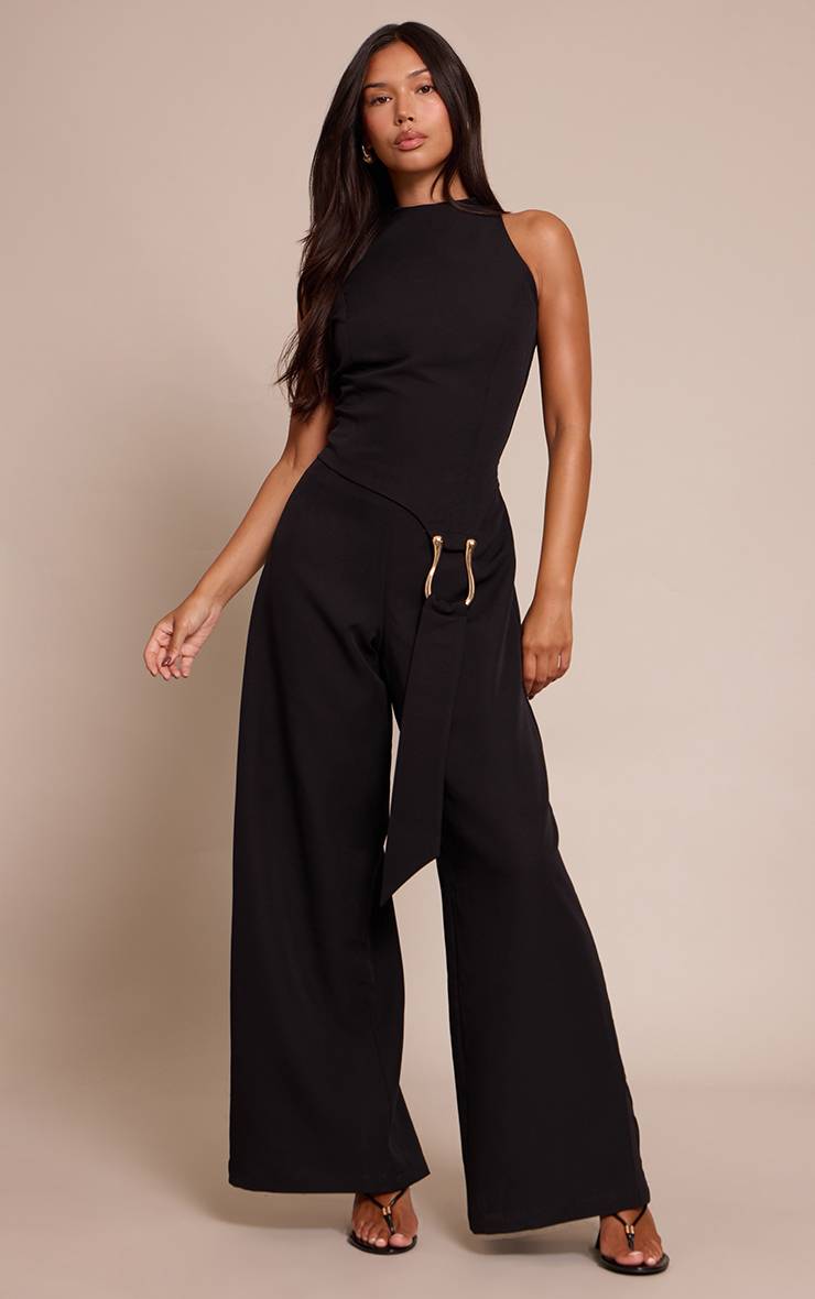 Noir Combinaison Pantalon Droit Avec Ceinture Tissée Et Détail Ajusté