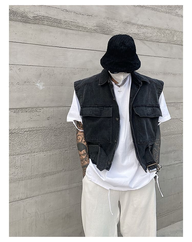 WidoWilder - Gewassen denim vest met kraag en knopen