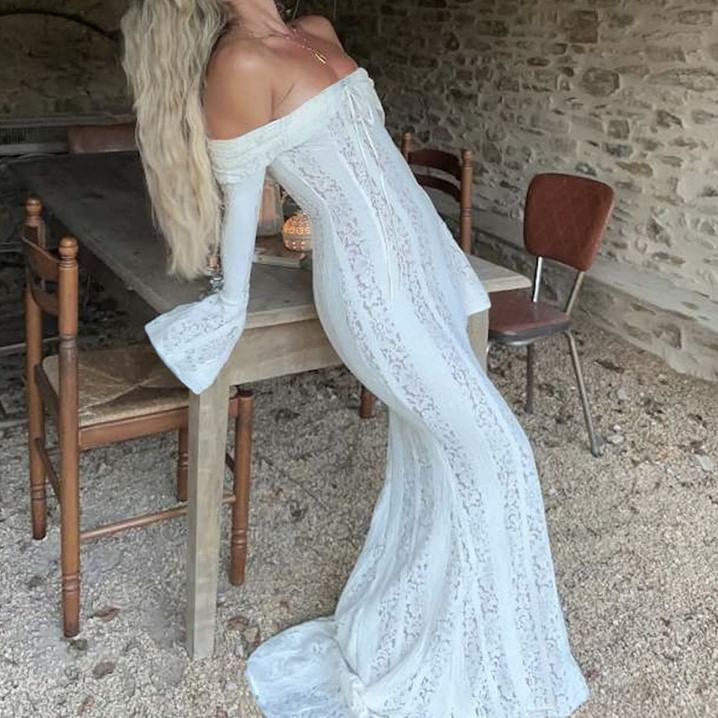 Emilyn - Lange mouw off-shoulder effen strik kanten maxi zeemeerminjurk