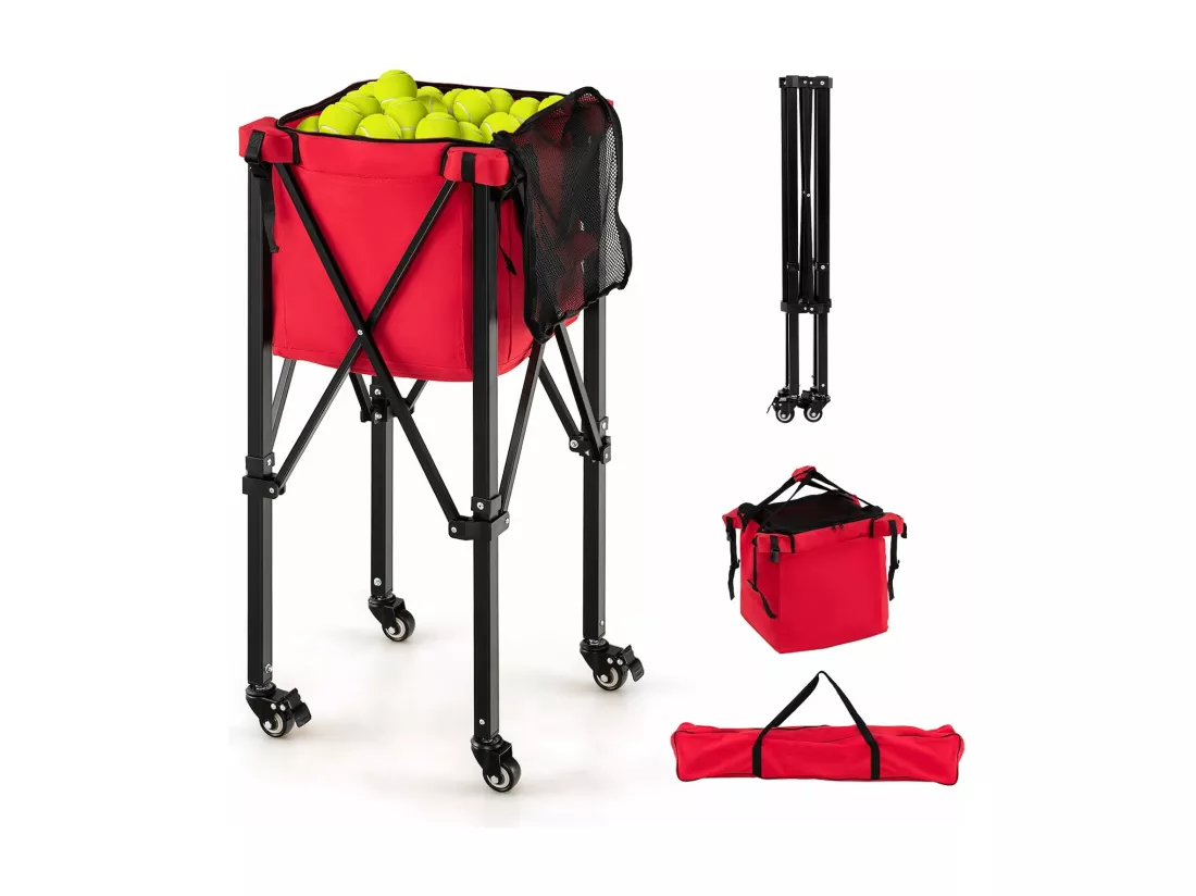 Chariot de Balle de Tennis Pliable avec Sac de Transport, Panier à Balles de Tennis en Aluminium Contient 150 Balles de Tennis avec 2 Roues de Frein Poches Latérales, Rouge