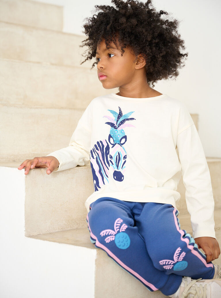 T-shirt écru animation zèbre pour fille