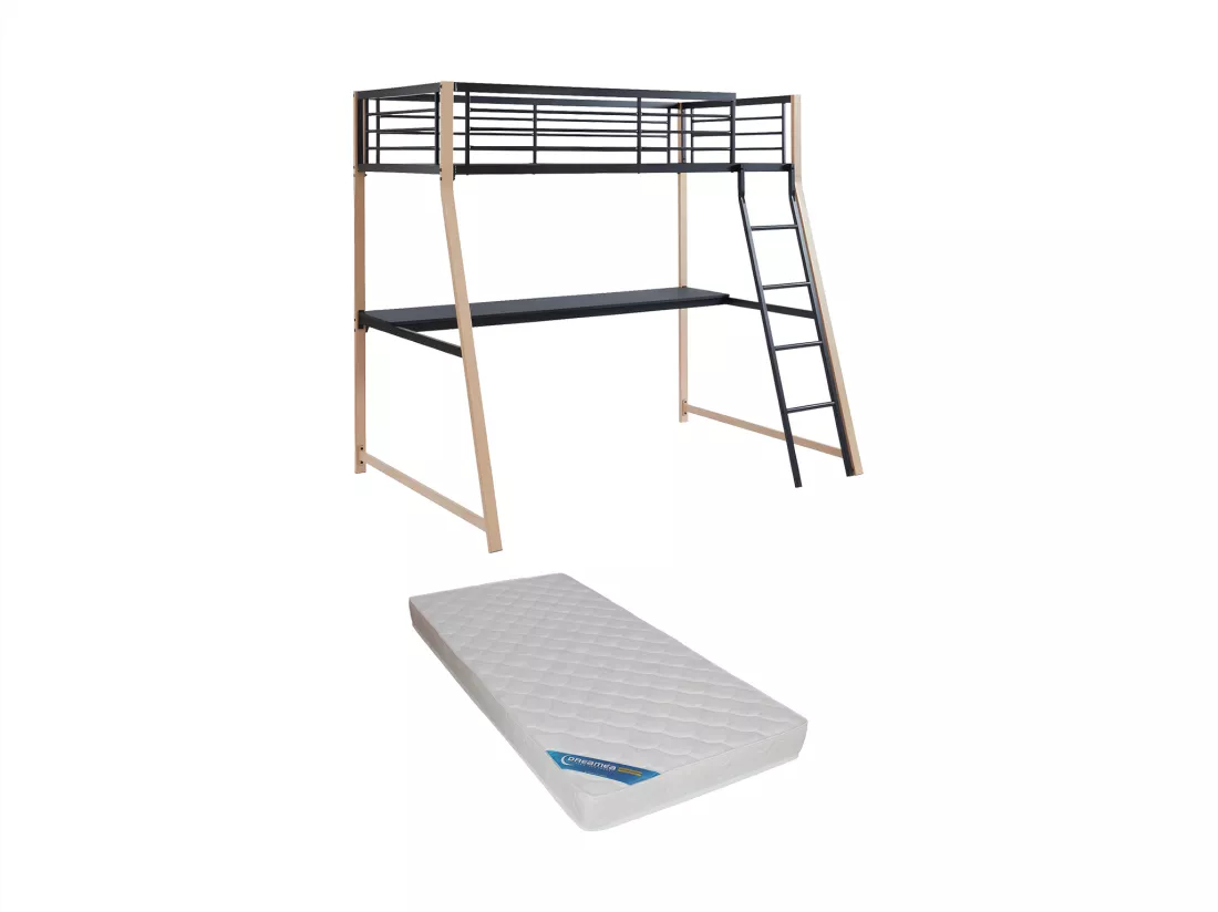 Lit mezzanine MALICIA - 90 x 190 cm - bureau intégré - Noir et chêne + matelas
