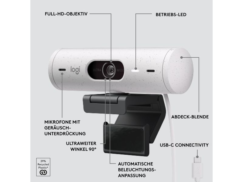Logitech Webcam Brio 500 Weiss Full HD-Webcam mit RightLight 4 und HDR