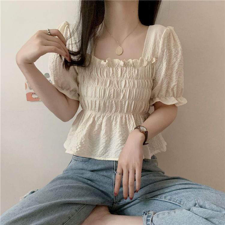 Sisyphi - Blouse met pofmouwen, vierkante hals, effen volantrand en gesmokte peplum