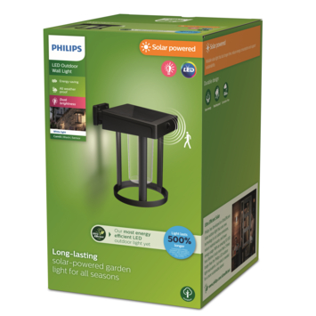 Philips solar wandlamp rond Camill zwart helder licht met bewegingssensor