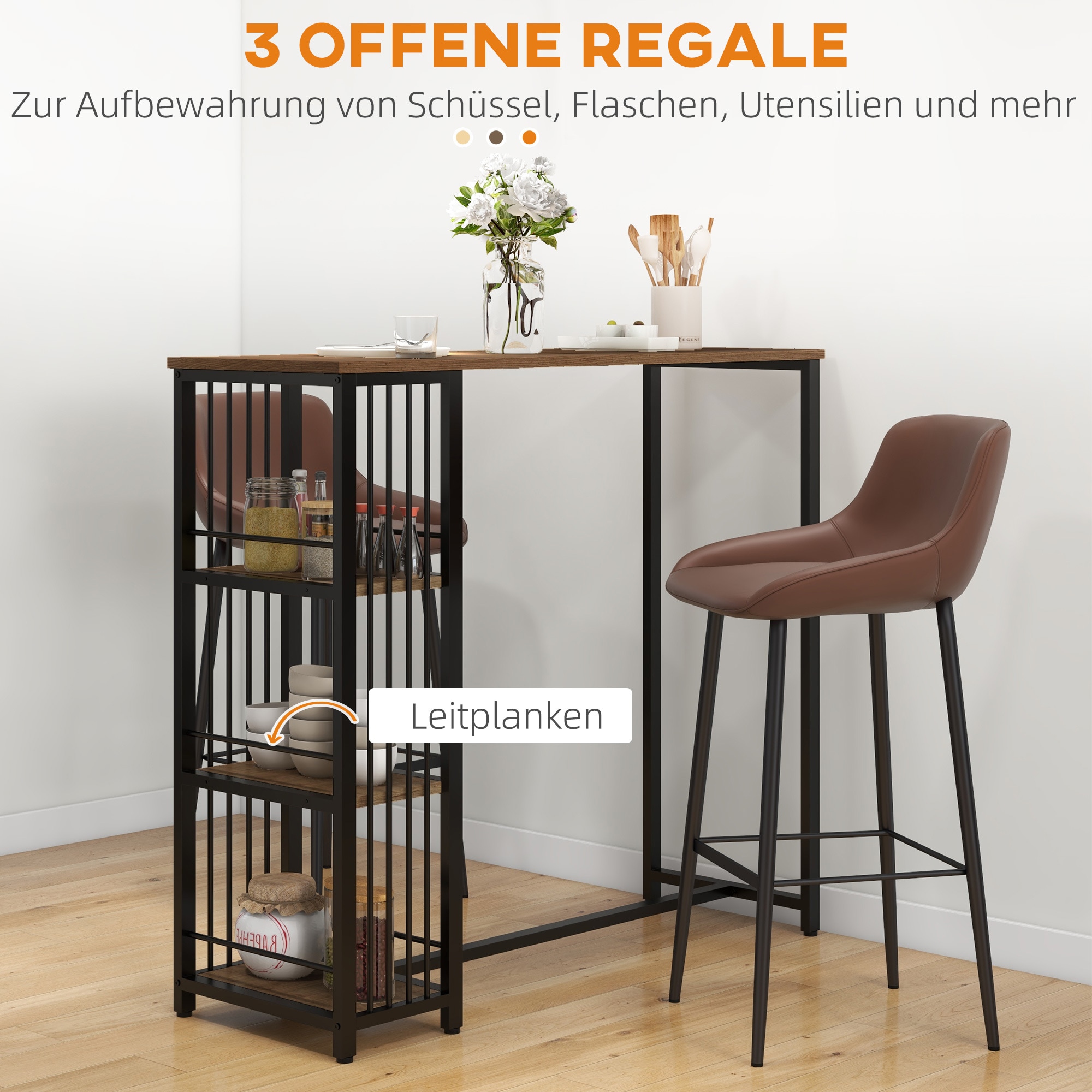 HOMCOM Bartisch mit 3 Ablagefächern braun 120L x 40B x 105H cm