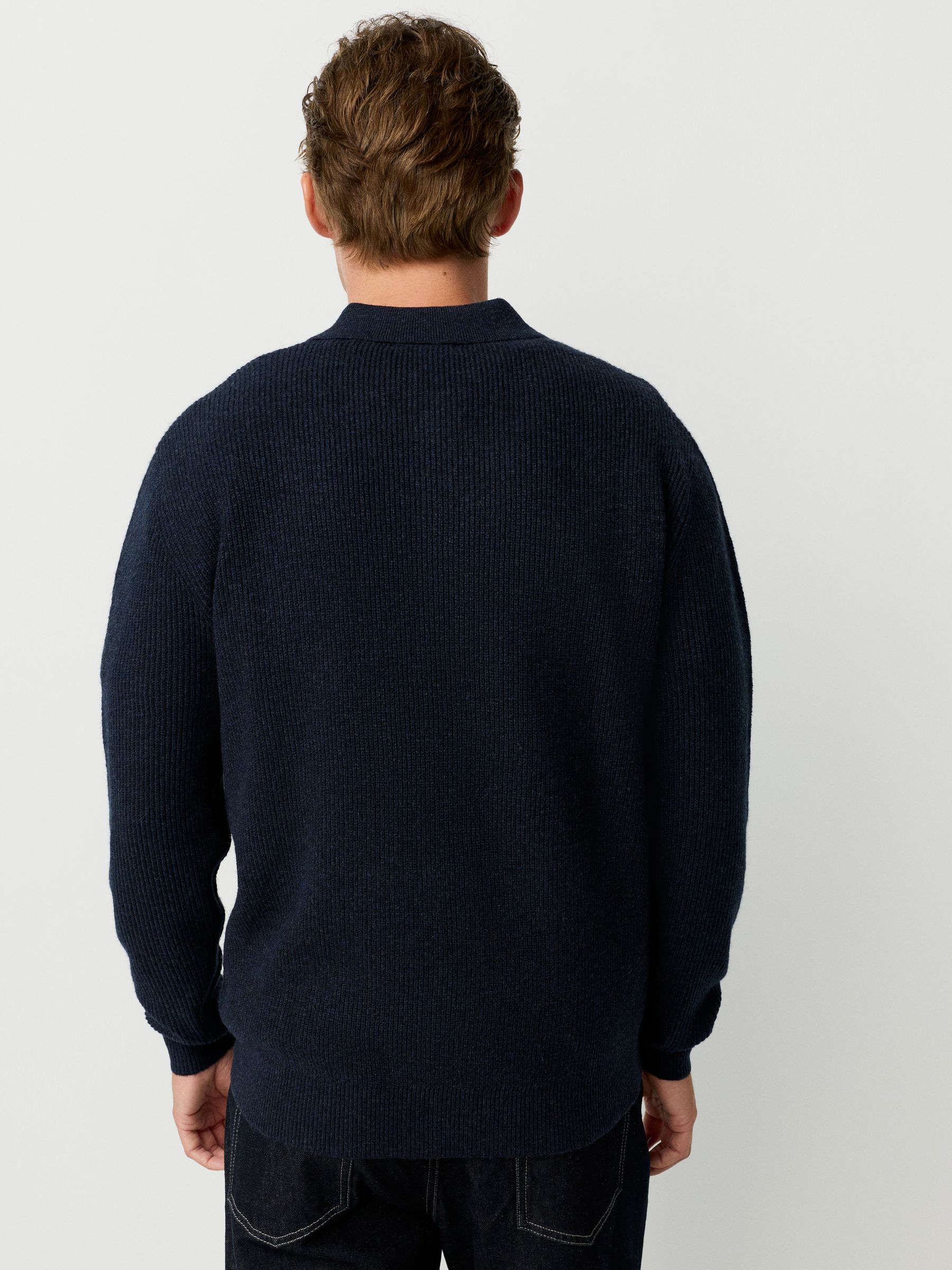 Donkerblauw - Regular-fit poloshirt met textuur, lange mouwen, wol en gebreid