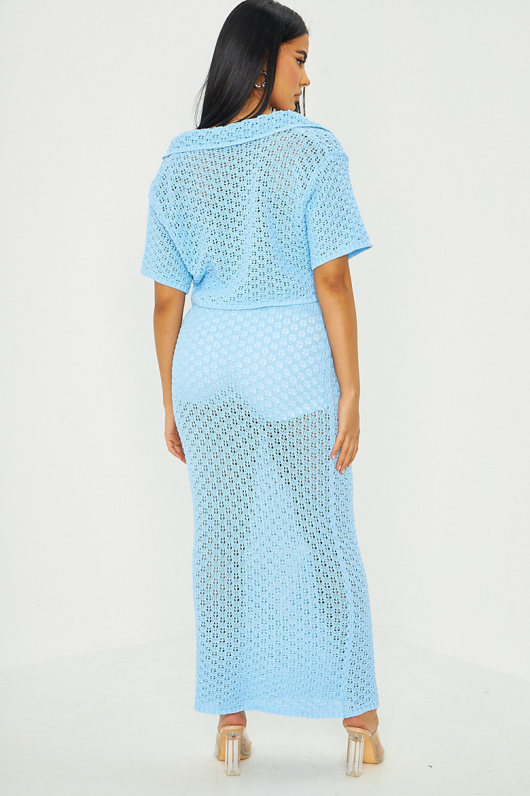 Ensemble 2 pièces chemise + jupe en crochet bleu