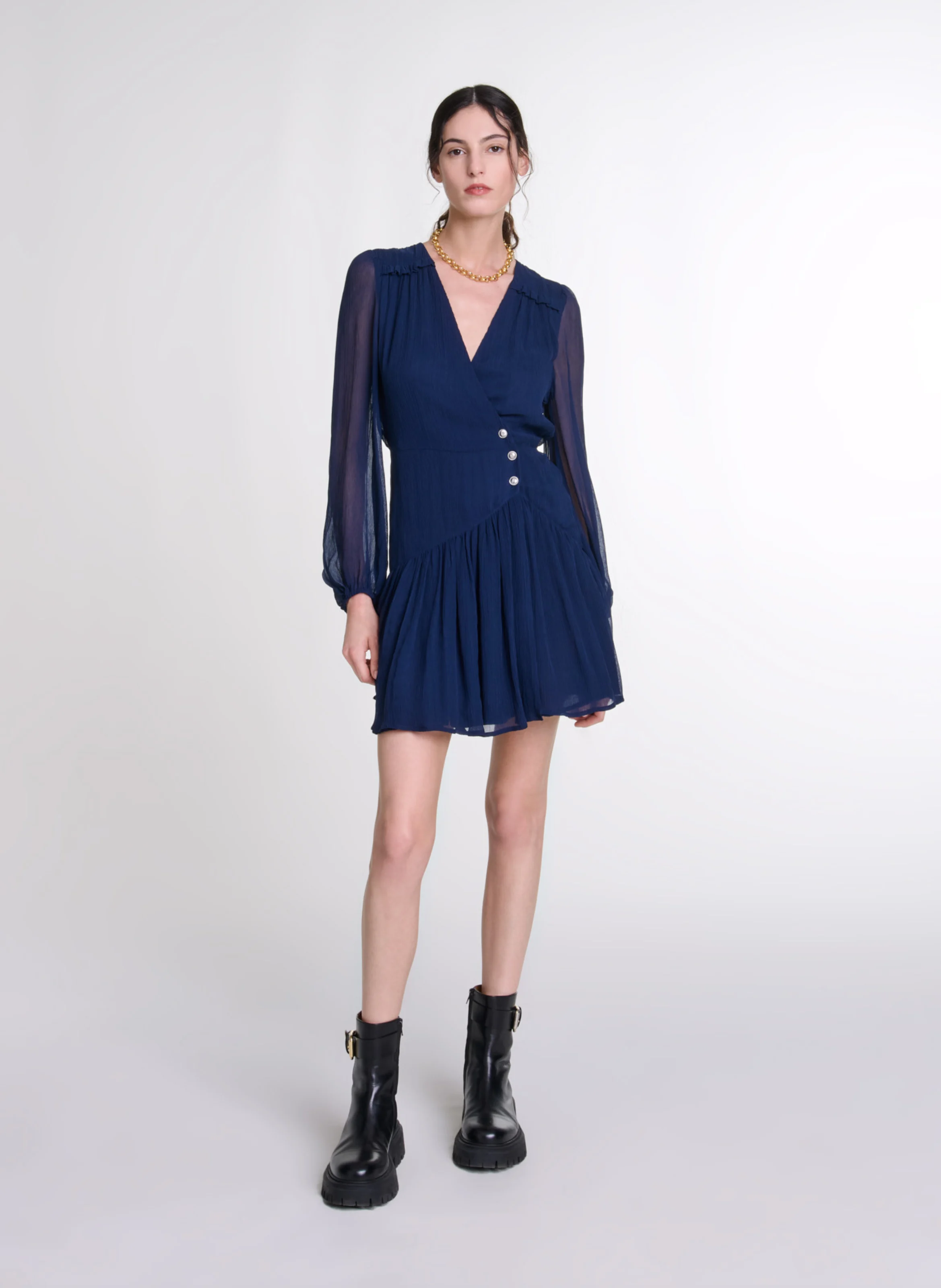 Robe courte volantée col V | Bleu