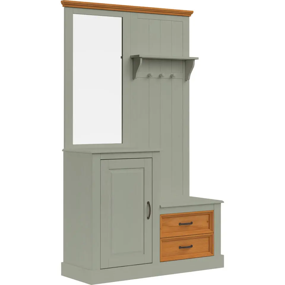 Selma - Garderobe met spiegel en 1 deur 2 lades in groen grenen