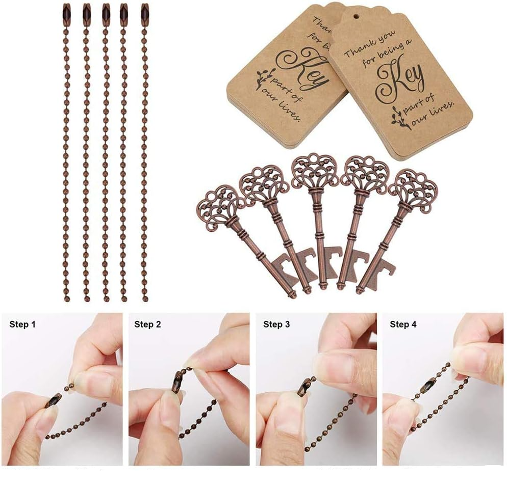 (150-tlg. Set) Hochzeit Gast Geschenk Vintage Party Papier Anhänger / Schlüssel mit Flaschenöffner / Kugelkette - Bronze / Braun