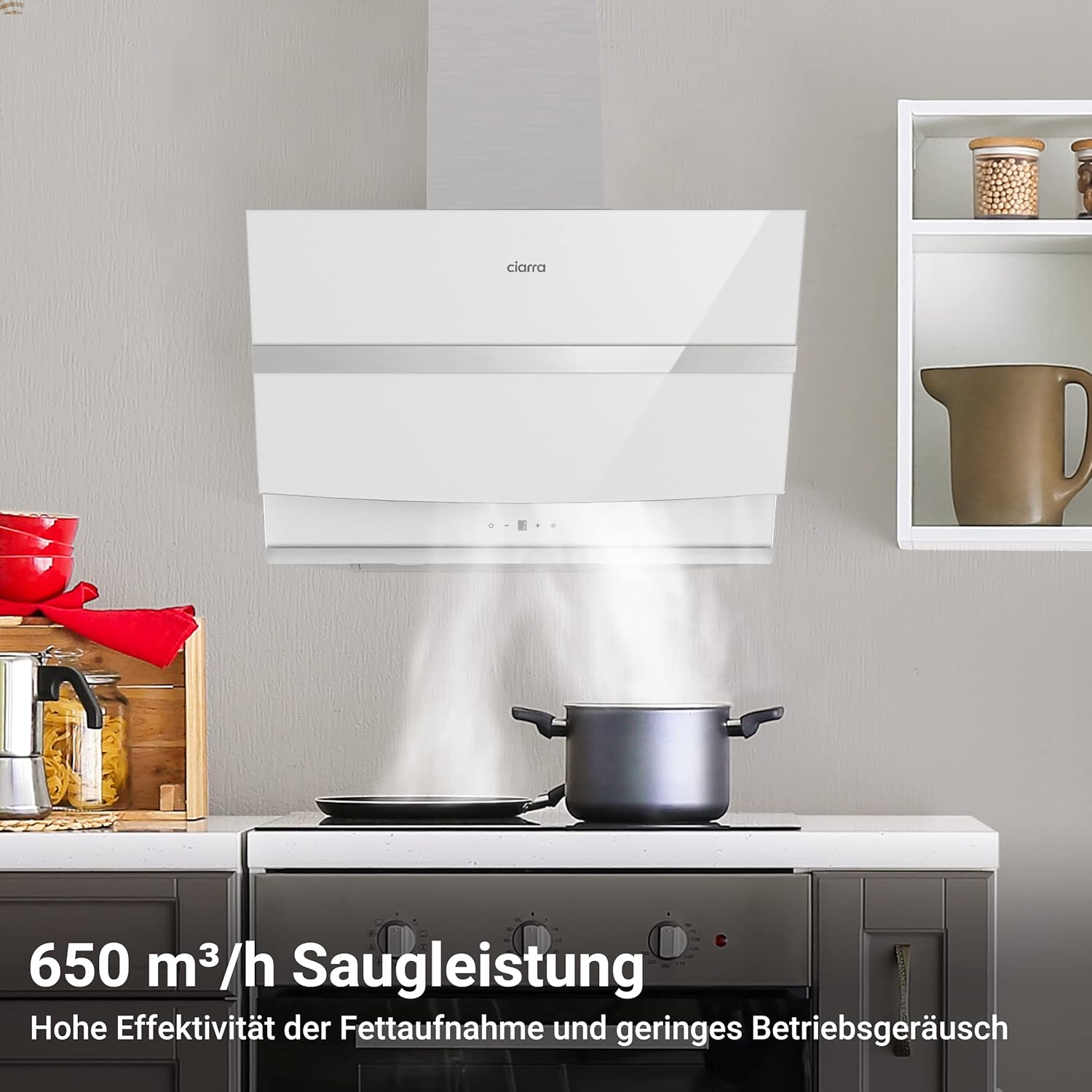 CIARRA A+++ ASW6736N Dunstabzugshaube 60 cm Umluft Abluft 650 m³/h App Gesteuert Touch-Bedienung Kopffreie Schräghaube 3 Stufen Booster CBCF003 Aktivkohlefilter Edelstahl Glas Weiß