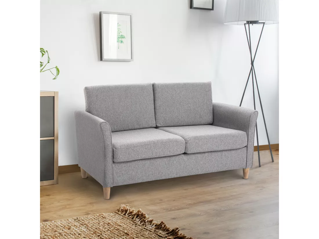 Canapé 2 places design scandinave dim. 141L x 65l x 78H cm pieds bois massif tissu lin gris clair chiné
