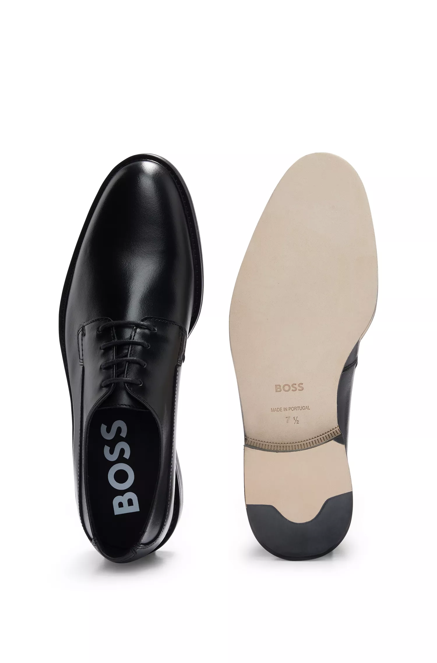 Sapatos Derby BOSS em couro preto polido com logotipo.