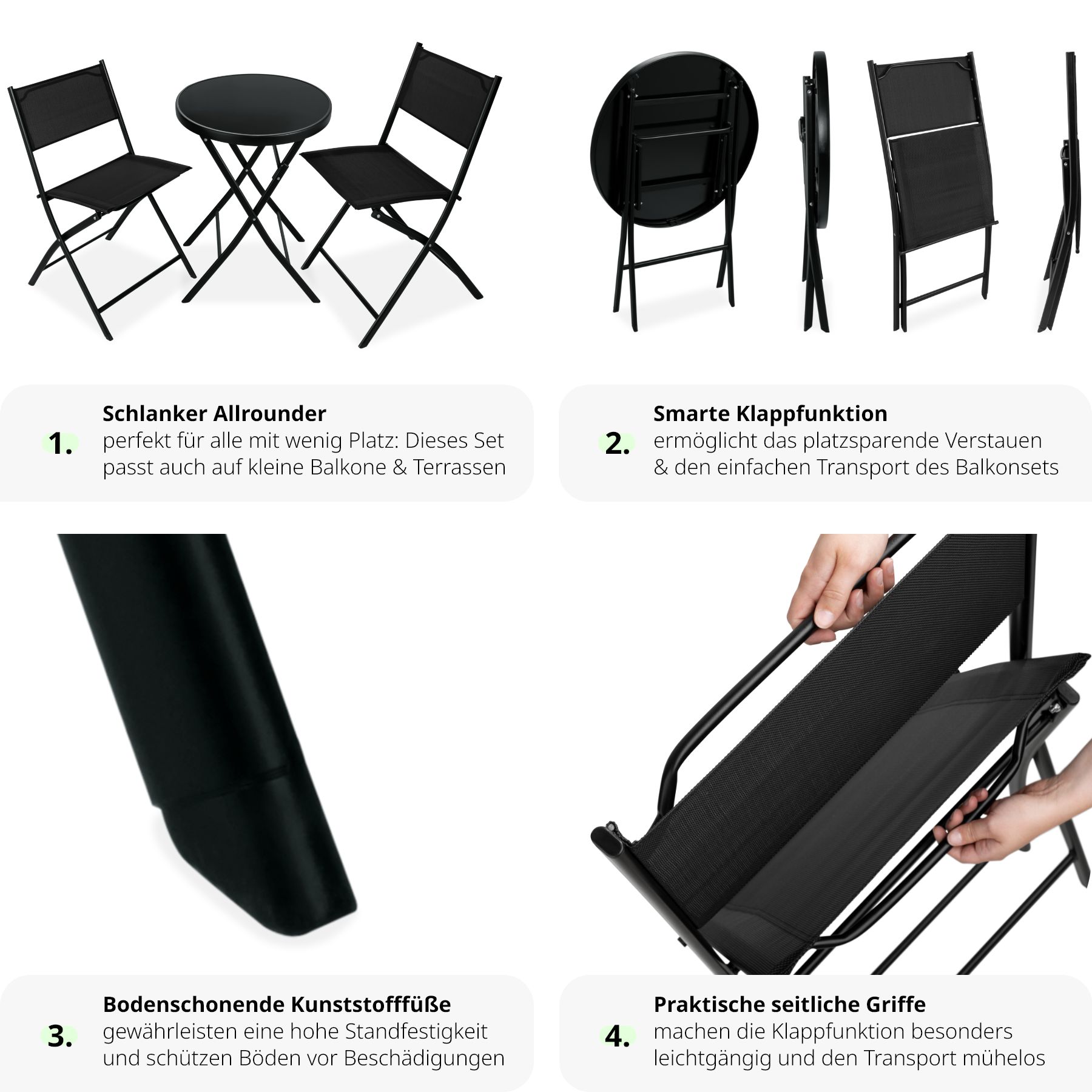 tectake® Bistro-Set, klappbar, für 2 Personen, UV-beständig, Tisch mit Sicherheitsglasplatte