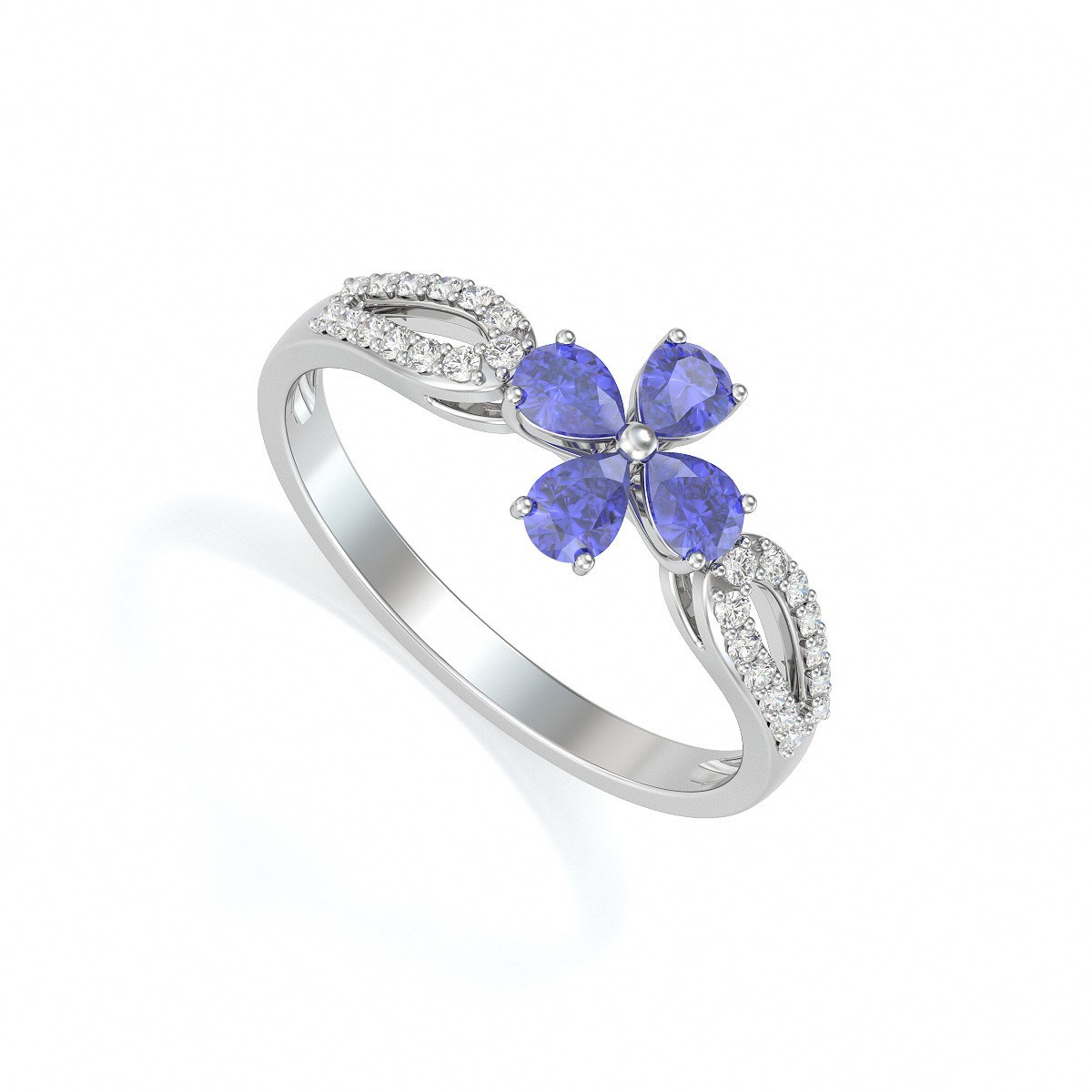 Bague ADEN Or 585 Blanc Fleur Tanzanite et diamants 1.95grs
