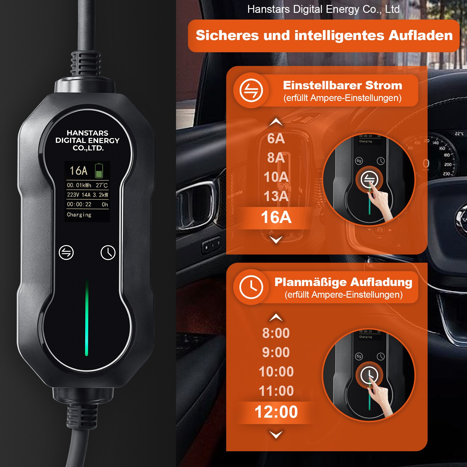 HANSTARS Portables EV Ladegerät Type 2 Schutzkontakt-Steckdose, 3.7 kW mit Tasche
