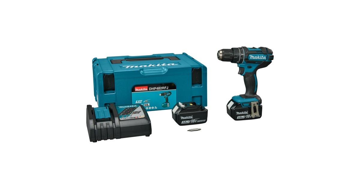 Makita18 V Klopboor-/schroefmachine DHP482RFJ klopboorschroevendraaier  (Blauw/zwart, In Mbox, 3,0 Ah accu (2 stuks), lader)
