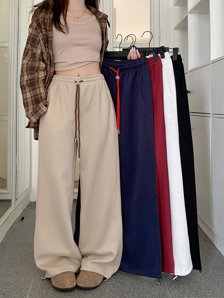 Alfie - Effen broek met wijde pijpen en trekkoord in de taille