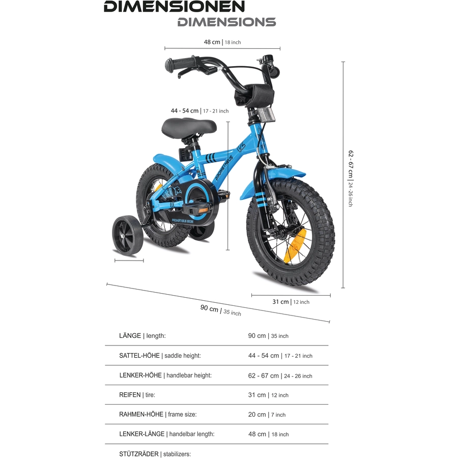 PROMETHEUS BICYCLES® BLUE HAWK Kinderfahrrad 12 in Blau & Schwarz ab 3 Jahre mit Stützräder
