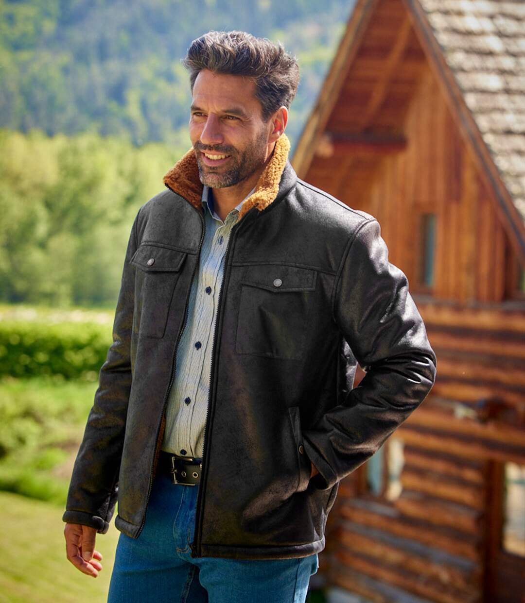 Blouson Aviateur Suédine Noir Doublé Sherpa