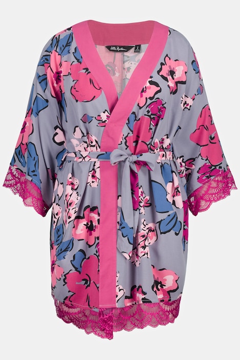 Morgenmantel, Blüten, V-Ausschnitt, 3/4-Arm, Kimono