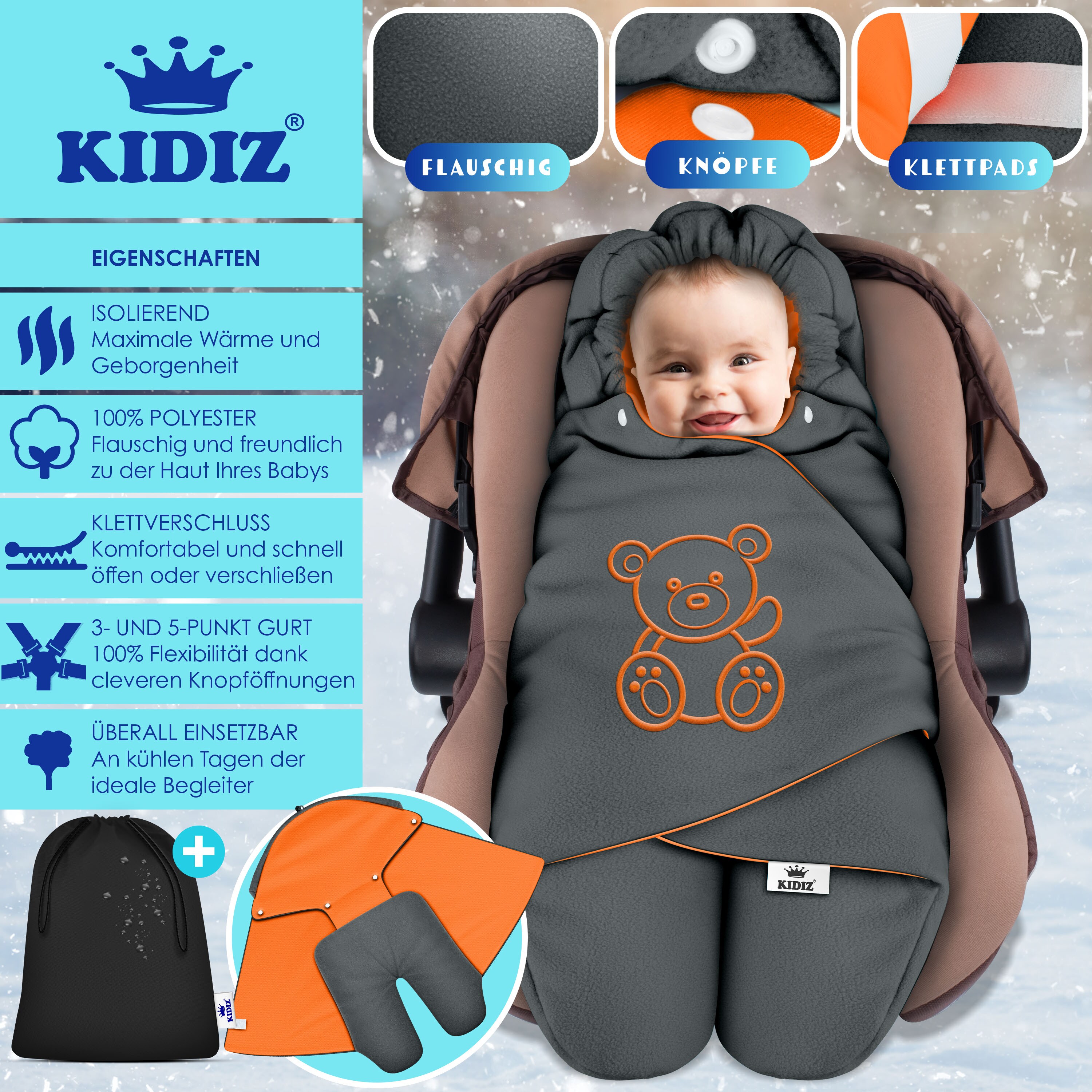 KIDIZ® Baby Einschlagdecke Winter mit Kapuze +Tasche Babyeinschlagdecke Universal für Babyschale, Autositz, z.B. für Maxi-Cosi, Römer für Buggy Babybett Kinderwagen & alle Gurtsysteme 3 & 5-Punkt Gurt