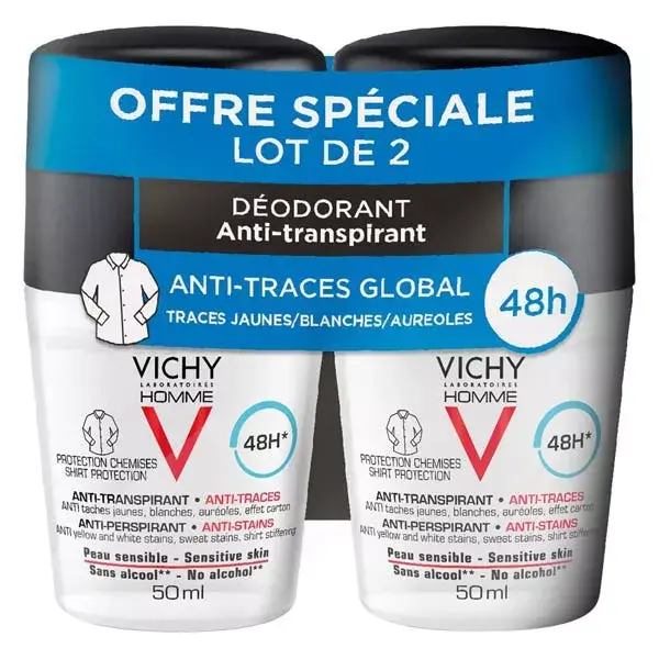 Desodorante antitranspirante e antimanchas Vichy Masculino Roll-On 48h, Pacote com 2 unidades de 50ml
