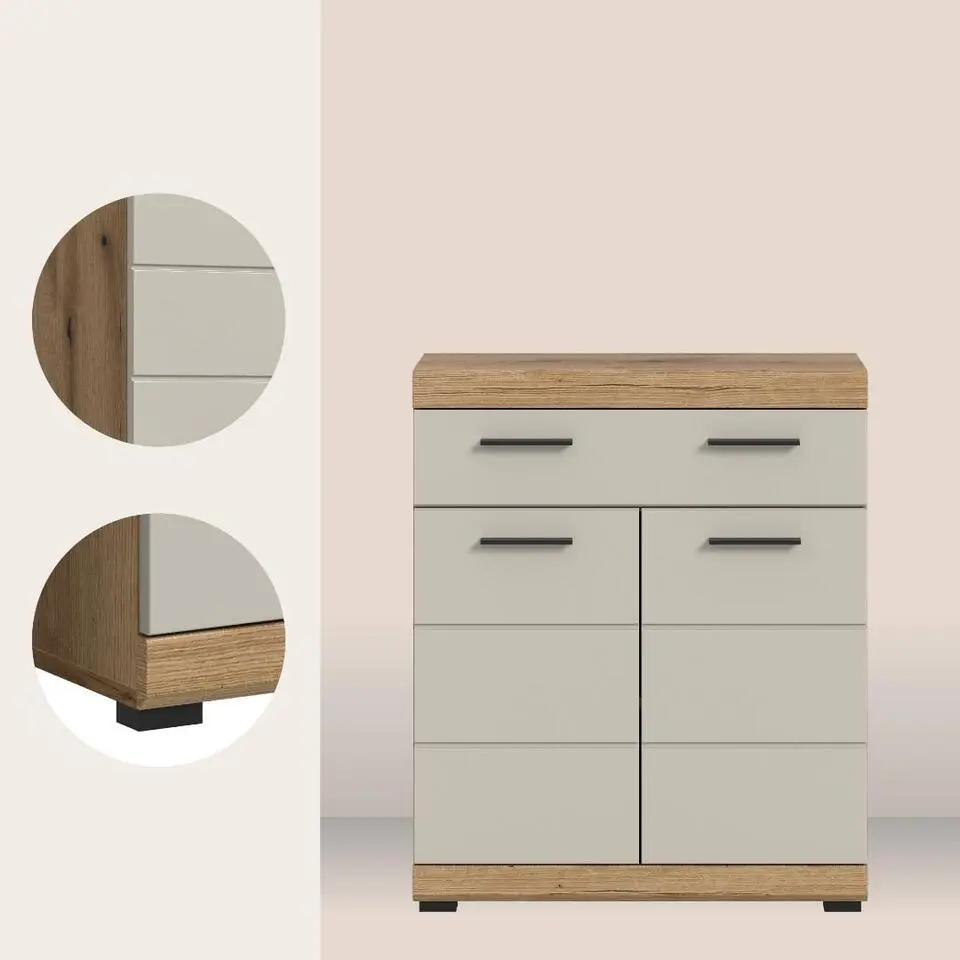 Hioshop Scout badkamerkast 2 deuren- 1 lade kasjmier decor mat- eiken decor