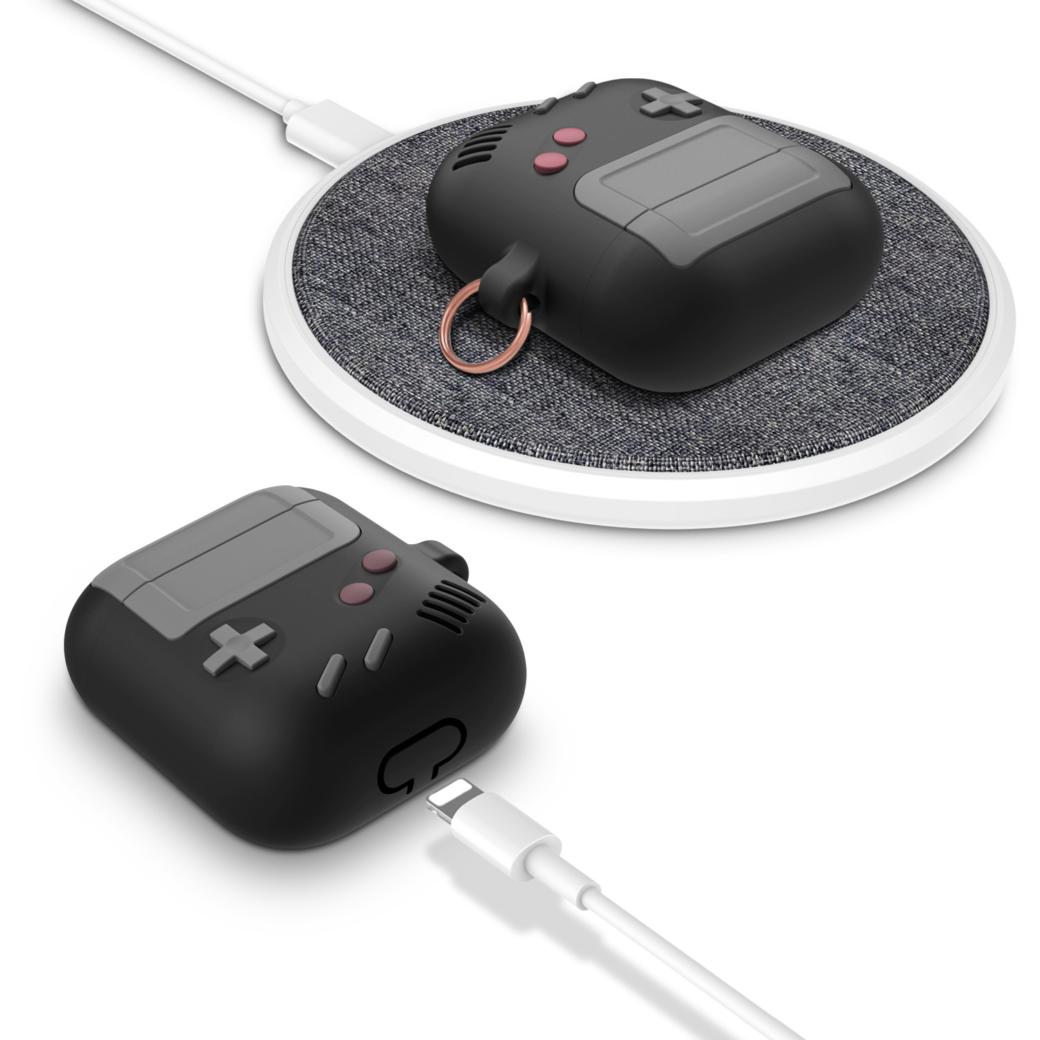 AirPods (1. & 2. Generation) Gummi Schutzhülle Retro Spielekonsole Abdeckung mit Karabinerhaken - Schwarz