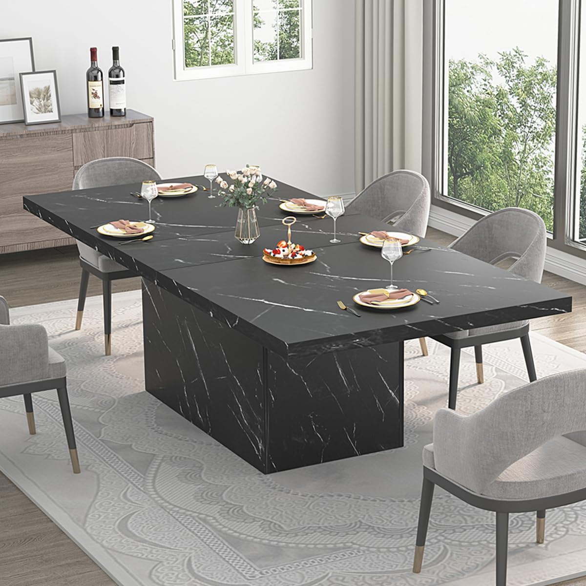 HSH Schwarzer Esstisch, Moderner Küchentisch aus Holz Design, Großer Tisch für 6 bis 8 Personen, Rechteckig Esszimmertisch Holztisch für Zuhause, Büro, Wohnzimmer, Schwarz 180 cm