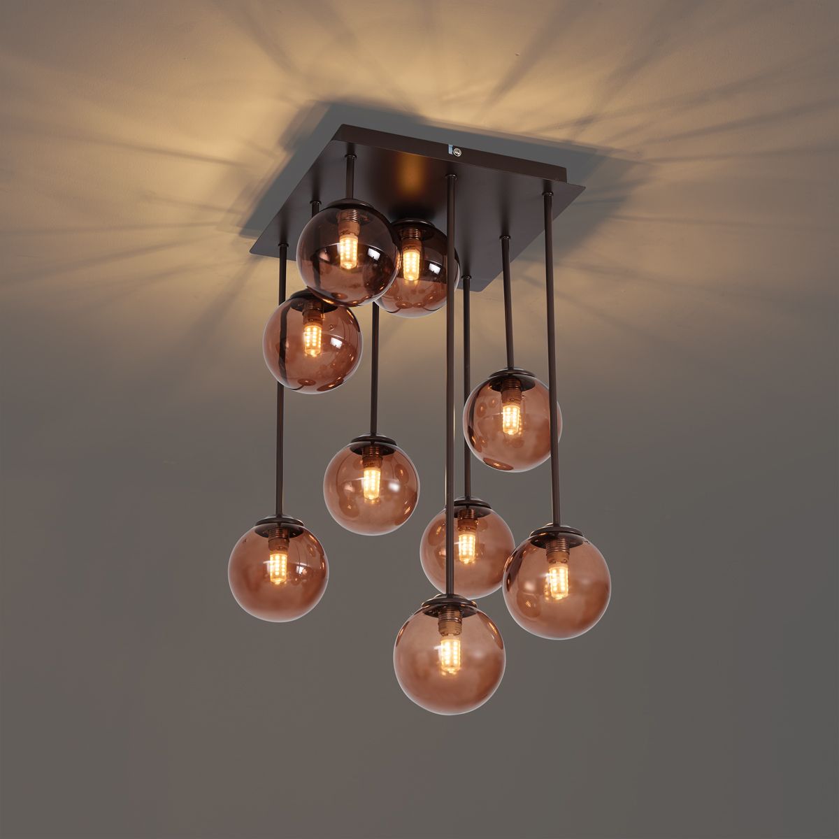 Design plafondlamp brons met brons glas 9-lichts - Athens