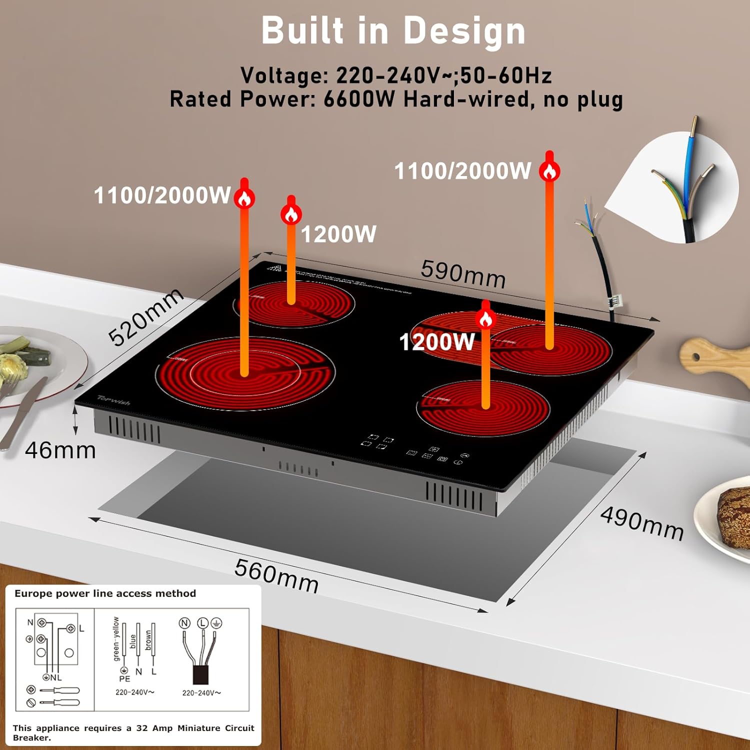 Glaskeramikkochfeld 4 platten,herdplatte 4 kochfelder, kochplatte,Keramikkochfeld 60cm,kochfeld 4 platten,Elektroplatte,Ovale Zone,Elektroherd mit Kindersicherung,Restwärmeanzeige,Timer,6600W