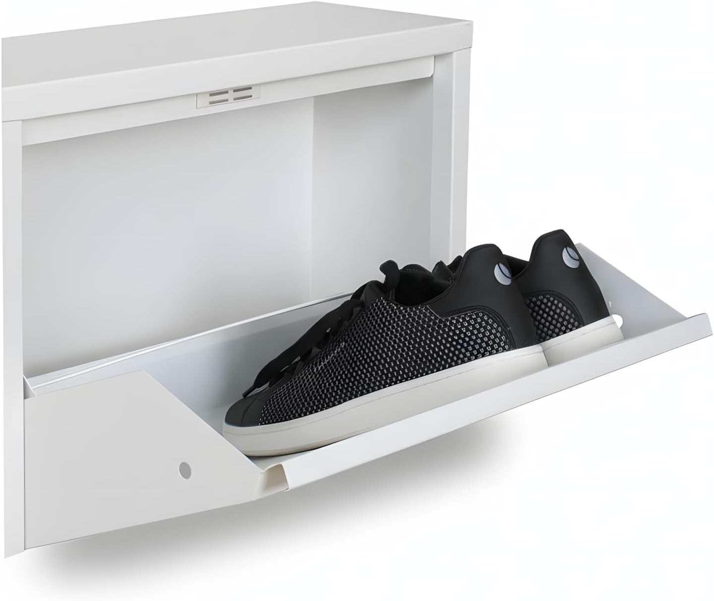 Dynamic24 ebuy24 Pisa mit 9 Klappen/Türen in Metall Weiss. Fertig montiert geliefert. – Schuhschrank – B152 x H106 x T16 cm – Farbe Weiß – Klappbar/faltbar – modern – für Flur & Eingangsbereich