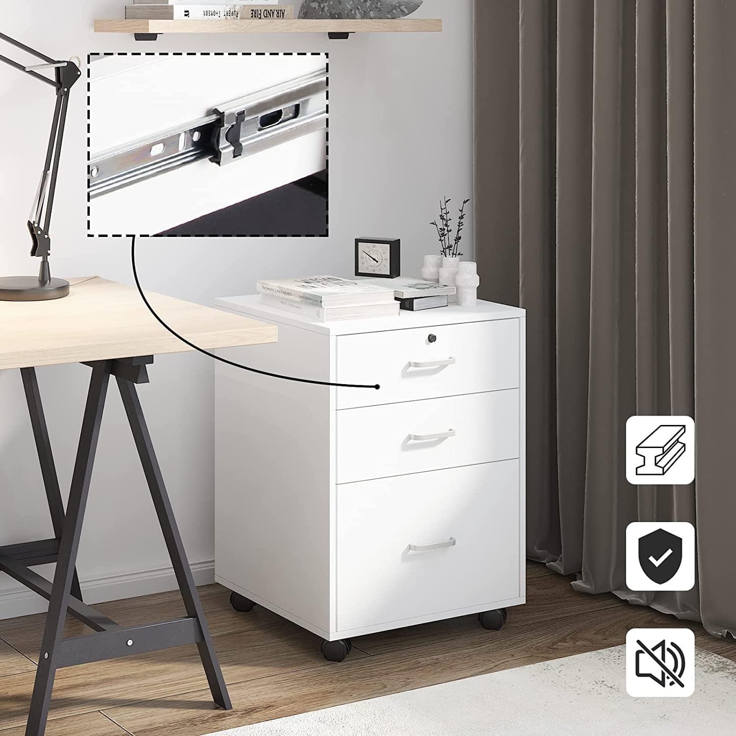 DlandHome Rollcontainer Weiß mit 3 Schubladen für Schreibtisch, Aktenschränke, Mobilen 65cm H für A4, Rollcontainer aus Holz mit Schubladen, FC04 ME8353644