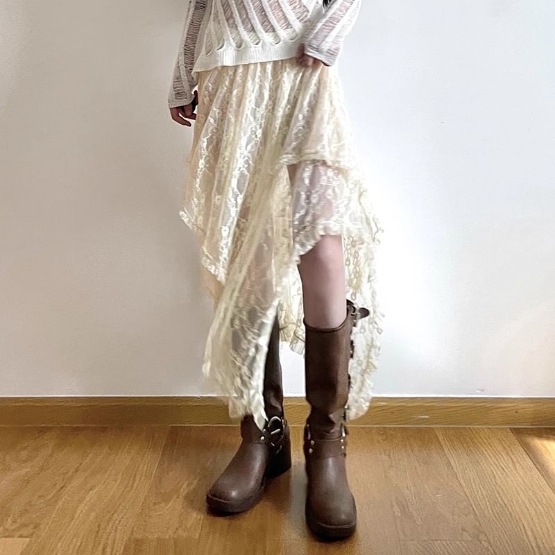 WIKPROM - Hoge taille asymmetrische geplooide midi A-lijn kanten rok