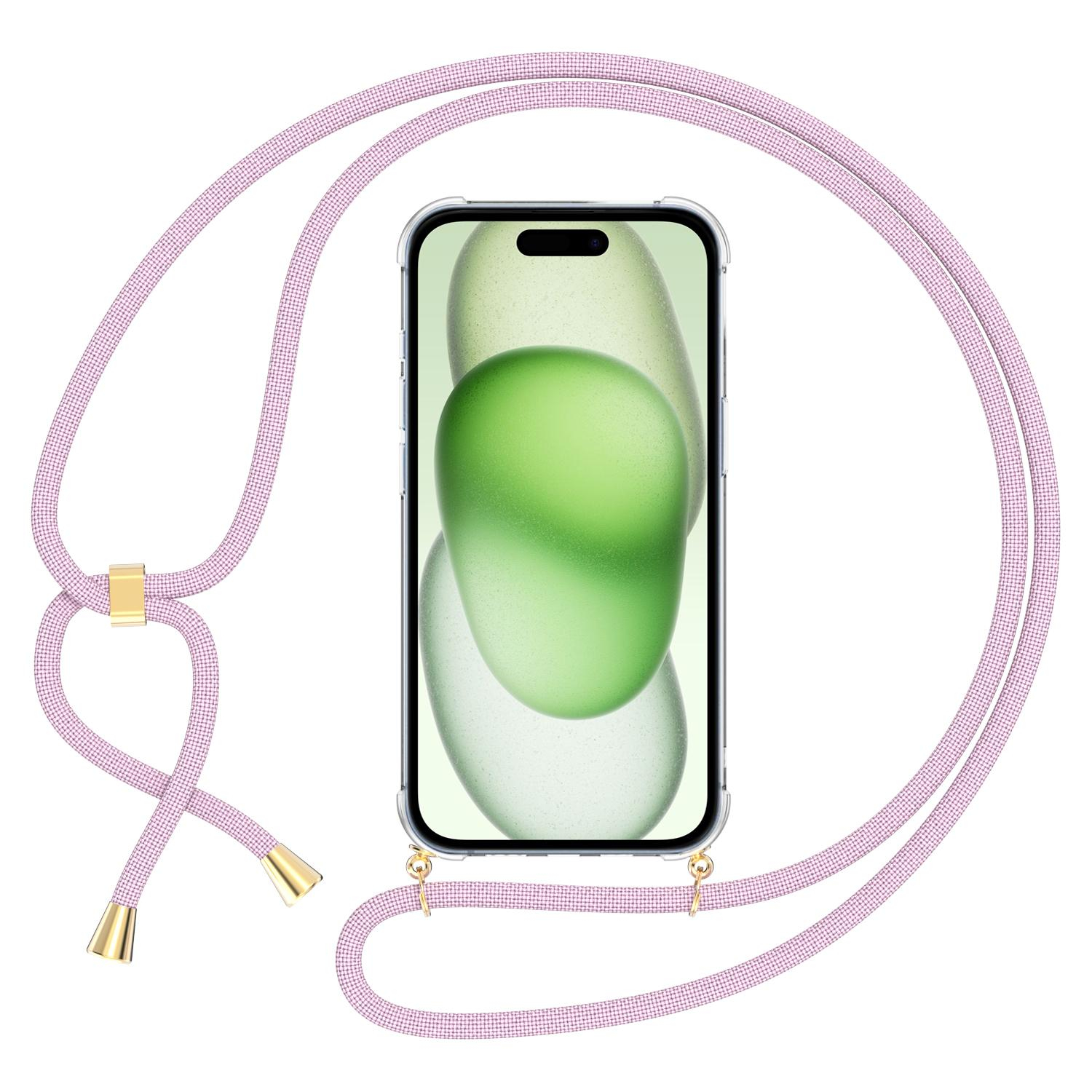 iPhone 15 Necklace Gummi Hülle Air Cushion Fallschutz   Handykette (150cm) - Roségold / Gold