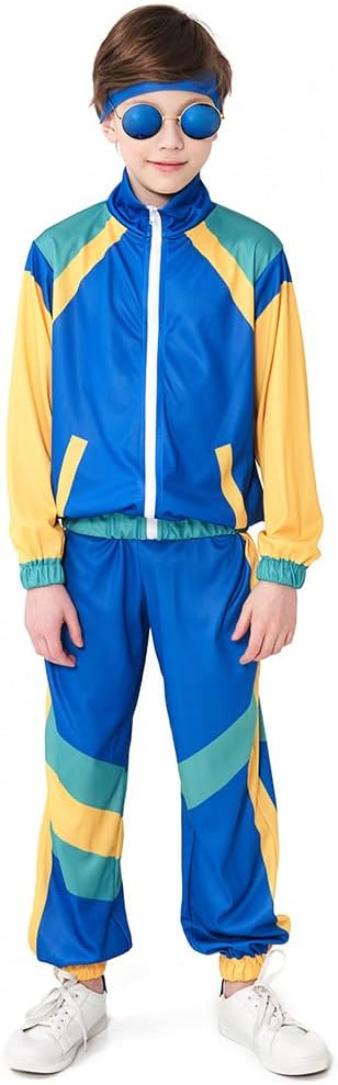 (140-150cm) Fasnachts Kinder Kostüm 80er Jahre Trainingsanzug Verkleidung für Motto Partys / Halloween inkl. Haarband - Blau